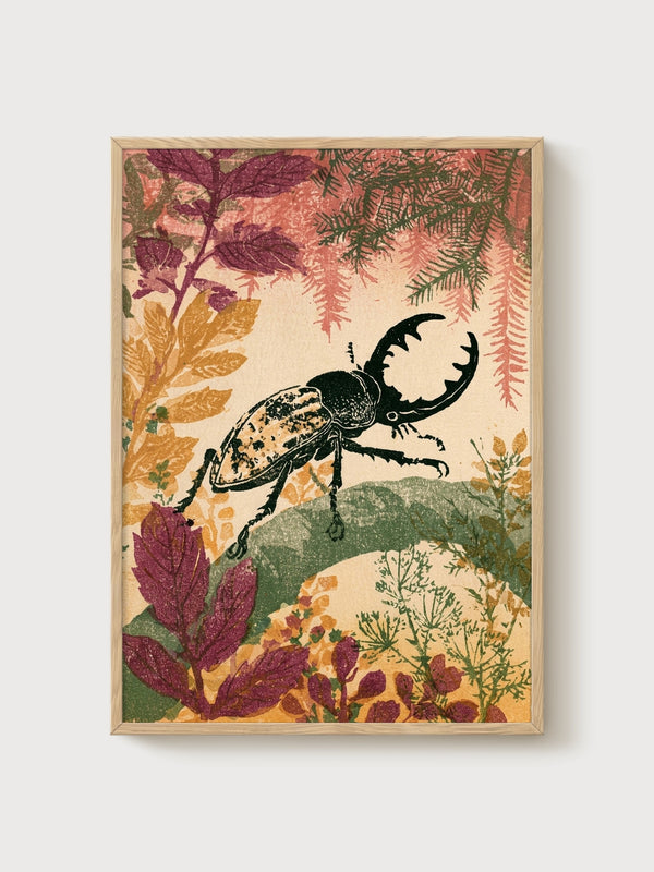 Stag Beetle Print poster in oak frame