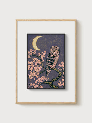 Owl Wall Art poster in oak frame