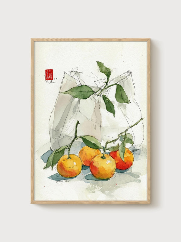 Mandarin Oranges Watercolor Painting poster in oak frame