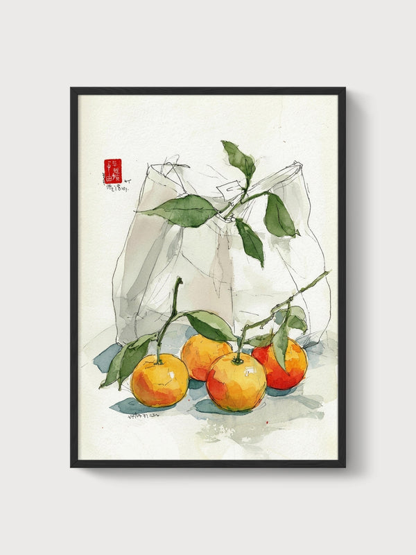 Mandarin Oranges Watercolor Painting poster in black frame
