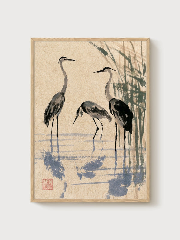 Heron Wall Art poster in oak frame