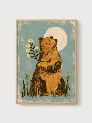 Bear Wall Art with Moon and Wildflowers poster in oak frame