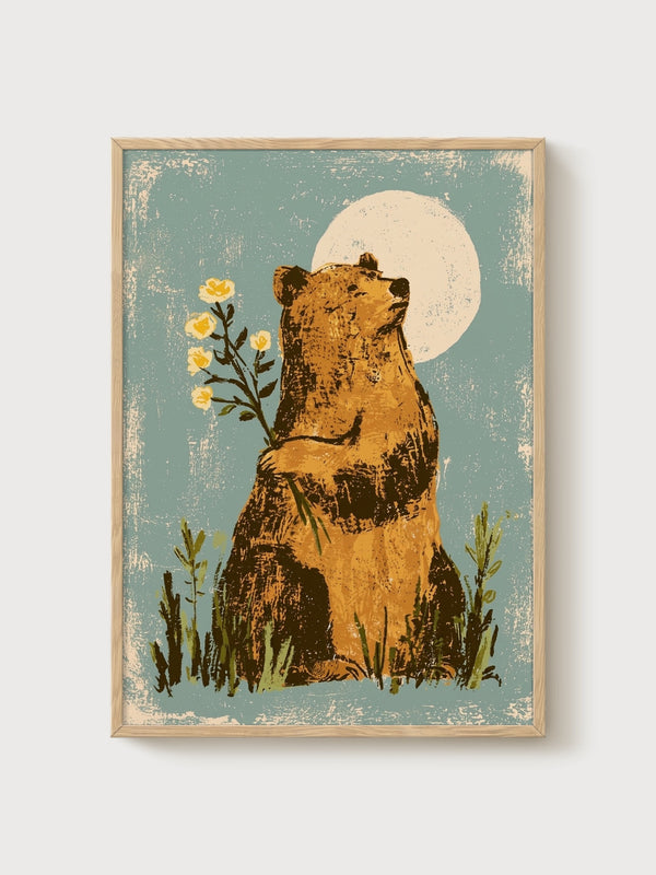 Bear Wall Art with Moon and Wildflowers poster in oak frame
