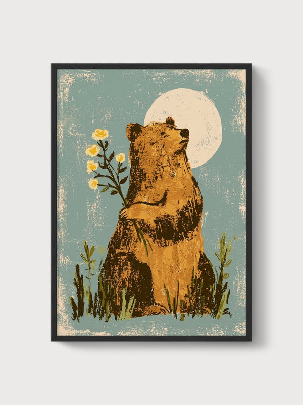 Bear Wall Art with Moon and Wildflowers poster in black frame