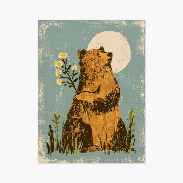 Bear Wall Art with Moon and Wildflowers art print