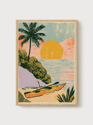 Retro Sunset Beach Print poster in oak frame