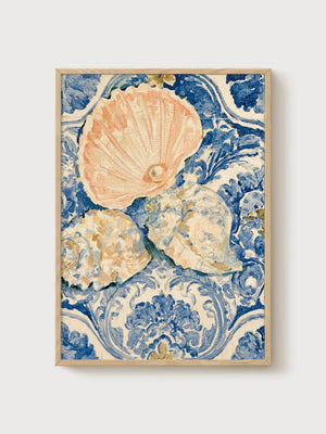 Coral Seashell Watercolor Art poster in oak frame