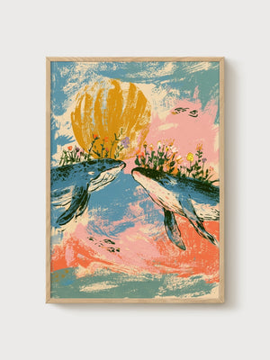 Whale and Sun Poster poster in oak frame