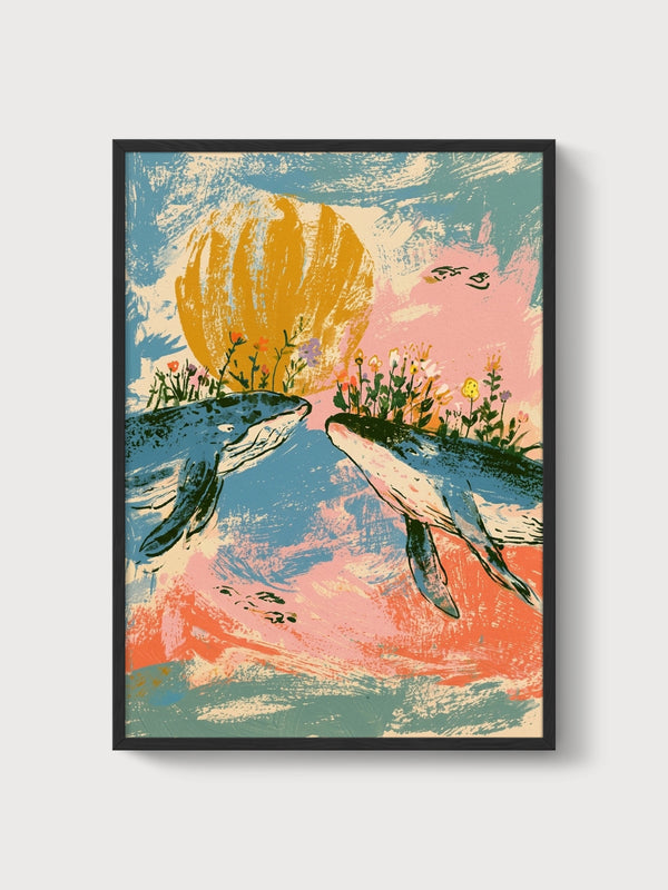 Whale and Sun Poster poster in black frame