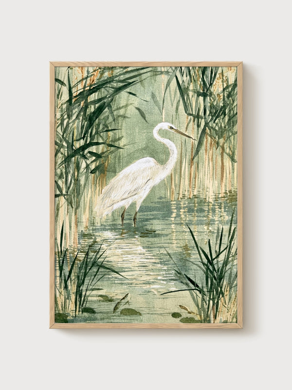 Blue Heron Wall Art poster in oak frame