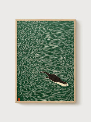 Japanese Woodblock Otter Print poster in oak frame