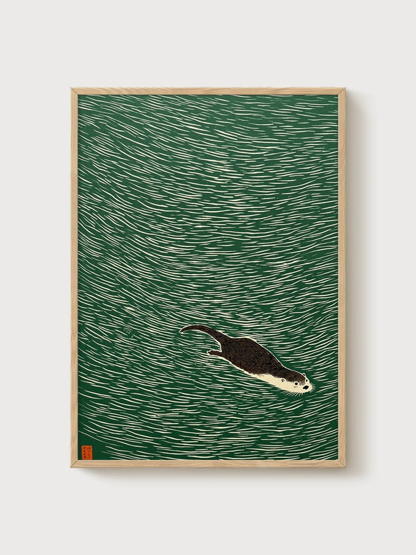 Japanese Woodblock Otter Print poster in oak frame