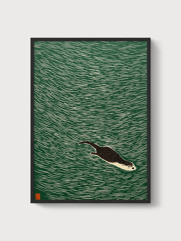 Japanese Woodblock Otter Print poster in black frame