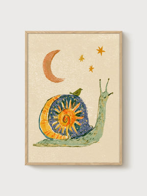 Whimsical Snail Watercolor Print poster in oak frame