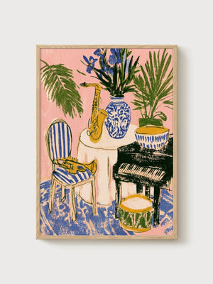 Jazz Music Still Life Print poster in oak frame