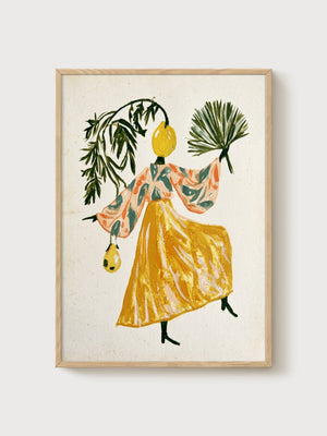 Whimsical Lemon Head Woman Watercolor Painting poster in oak frame