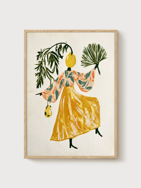 Whimsical Lemon Head Woman Watercolor Painting poster in oak frame