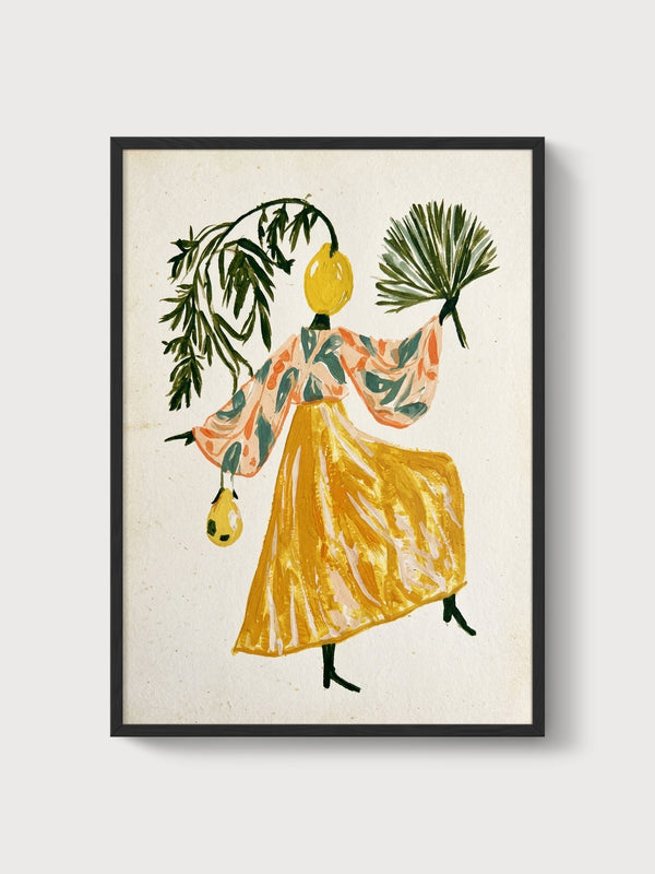 Whimsical Lemon Head Woman Watercolor Painting poster in black frame