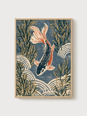 Koi Fish Wall Art poster in oak frame