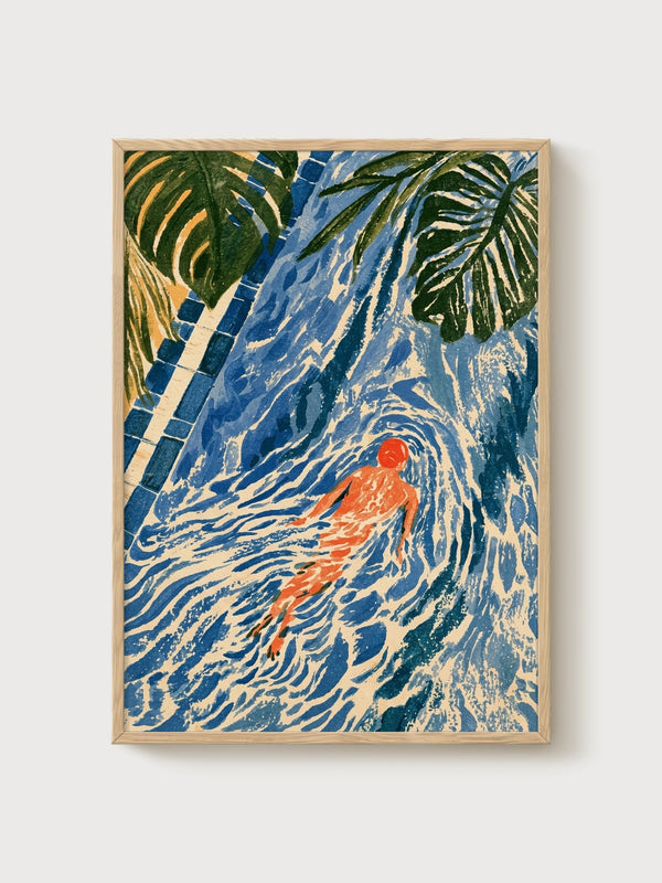 Art Nouveau Pool Swimmer Print poster in oak frame