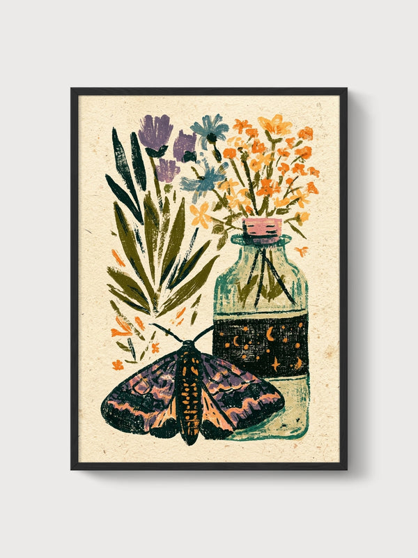 Moth Botanical Print poster in black frame