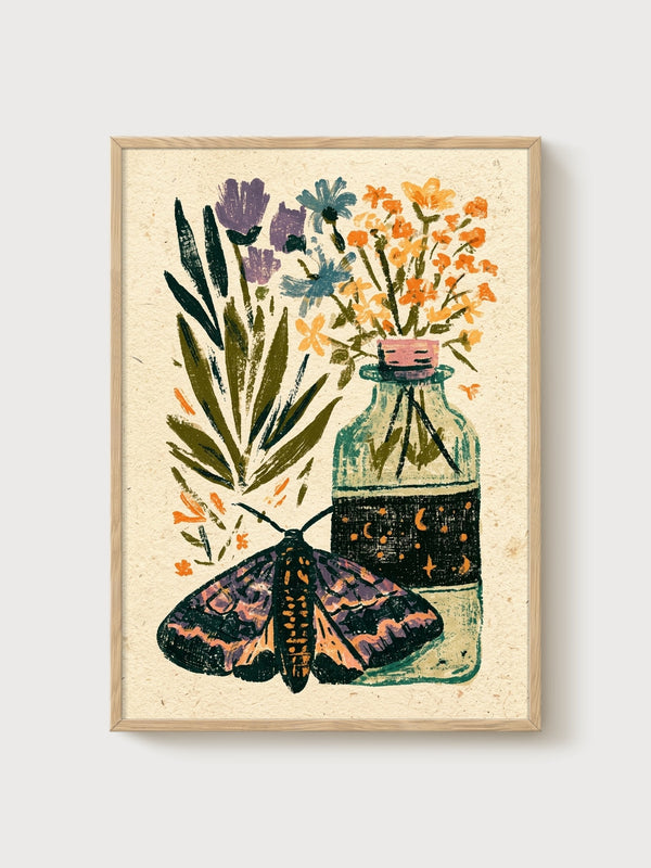 Moth Botanical Print poster in oak frame
