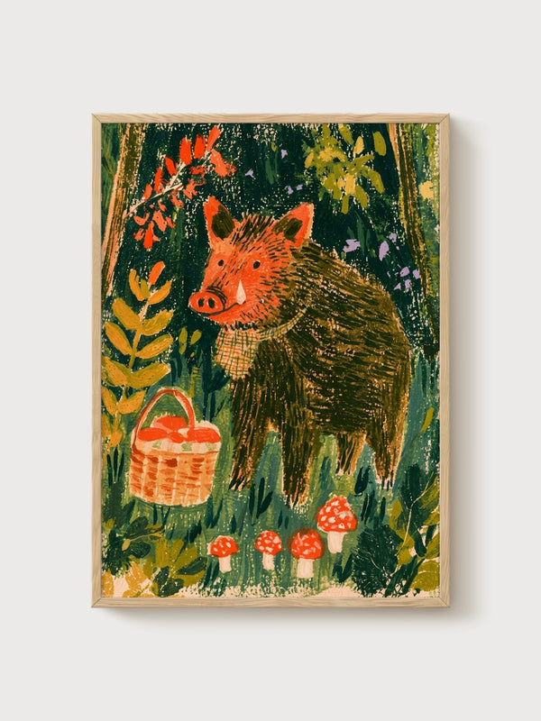 Woodland Boar Wall Art poster in oak frame