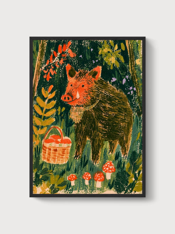 Woodland Boar Wall Art poster in black frame