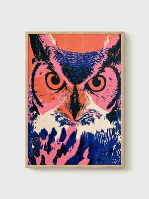 Owl Wall Art poster in oak frame