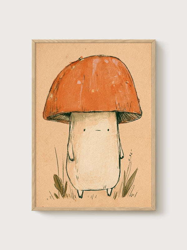 Cute Mushroom Wall Art poster in oak frame