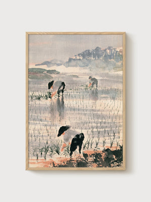 Japanese Rice Field Landscape Painting poster in oak frame