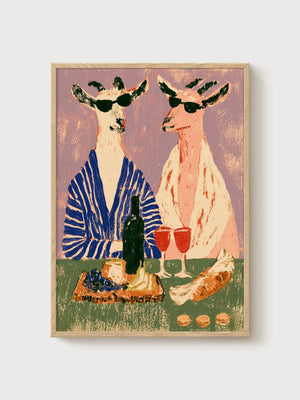 Whimsical Goats Wine Poster poster in oak frame
