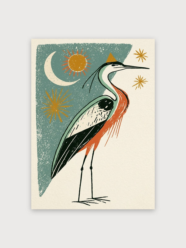 Vintage Heron Moon Sun Stars - Digital Download