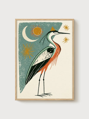 Blue Heron Wall Art poster in oak frame