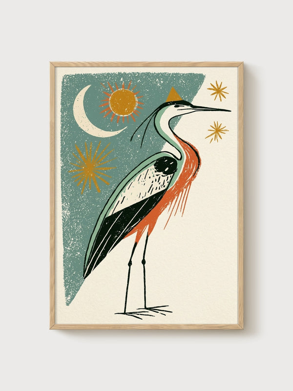 Blue Heron Wall Art poster in oak frame