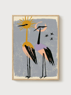 Crane Bird Art Print poster in oak frame