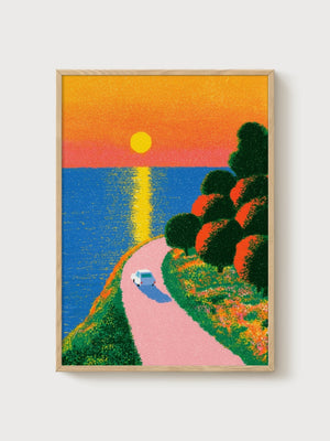 Car Poster Sunset Coastal Road Print poster in oak frame