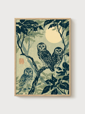 Japanese Owl Woodblock Print poster in oak frame