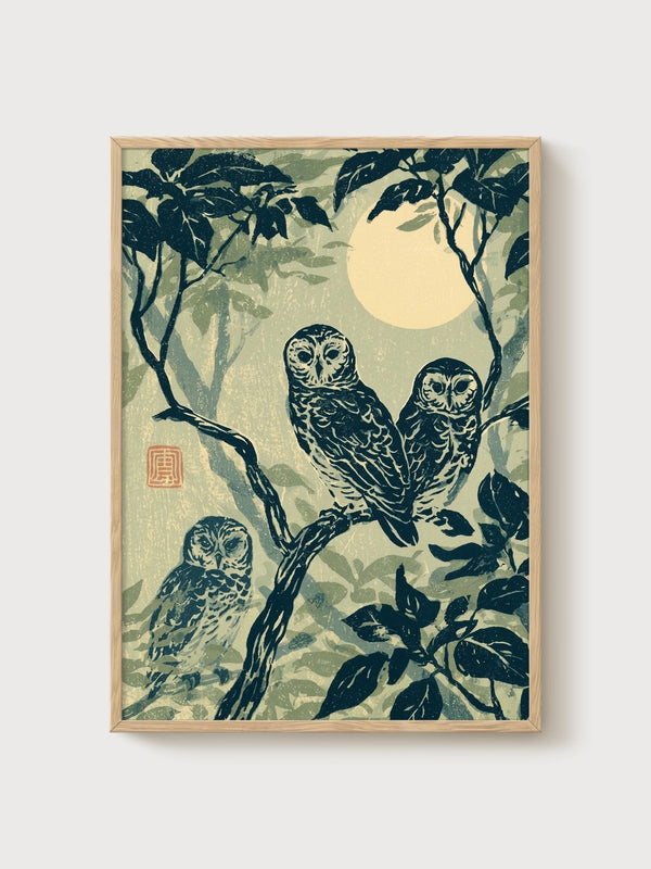 Japanese Owl Woodblock Print poster in oak frame