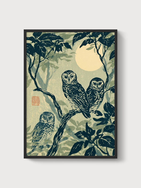 Japanese Owl Woodblock Print poster in black frame