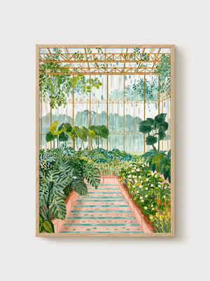 Greenhouse Garden Print poster in oak frame