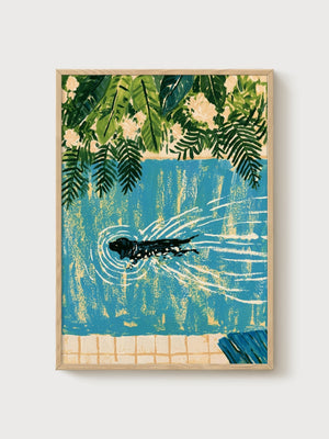 Art Nouveau Pool Dog Poster poster in oak frame