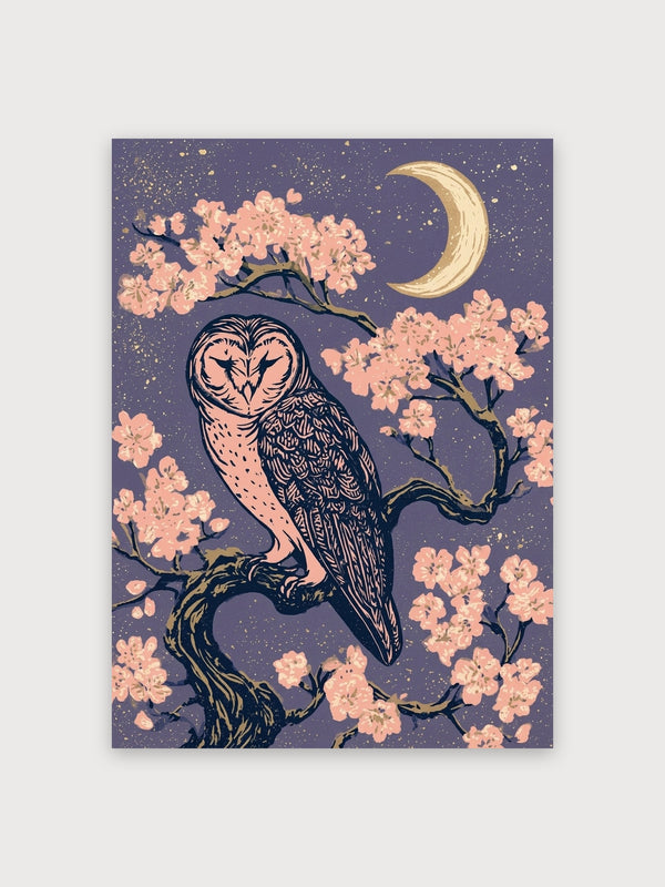 Owl Cherry Blossoms Moon Night - Digital Download
