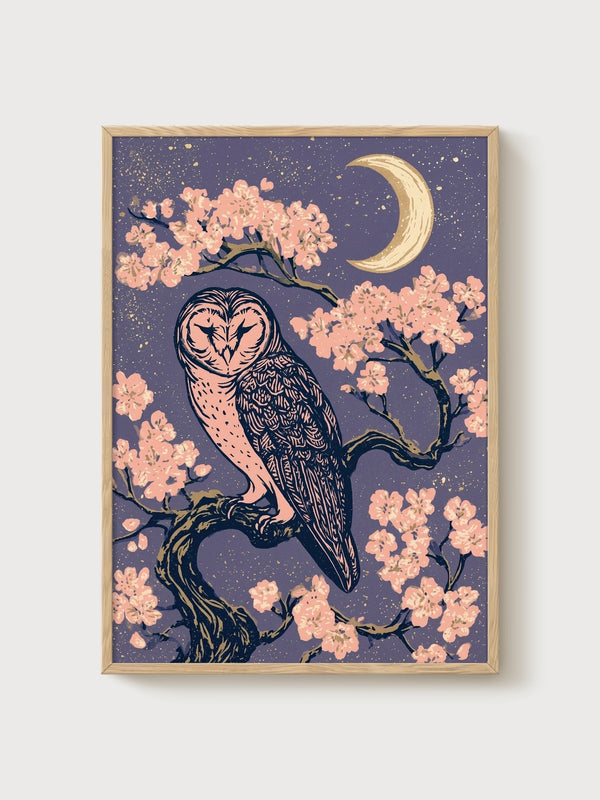 Owl Wall Art poster in oak frame