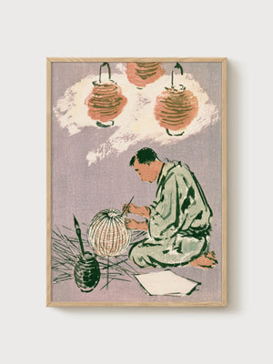 Japanese Lantern Maker Art Nouveau Print poster in oak frame