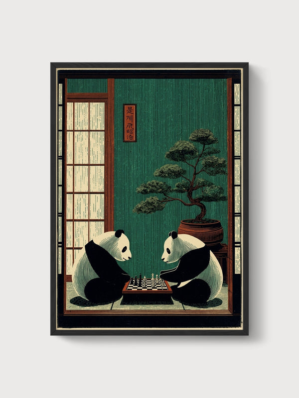 Panda Chess Woodblock Print poster in black frame