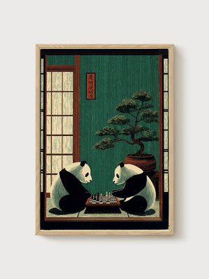 Panda Chess Woodblock Print poster in oak frame