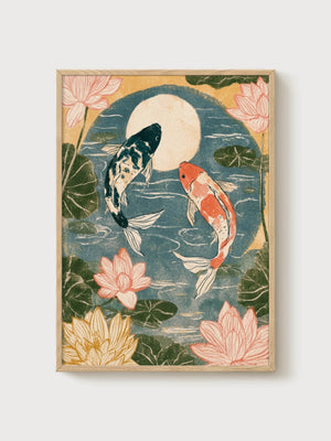 Koi Fish Wall Art poster in oak frame