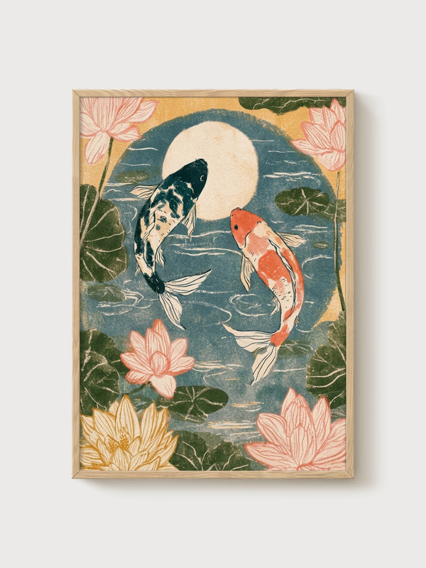 Koi Fish Wall Art poster in oak frame
