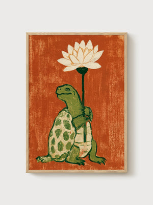 Turtle With Lotus Flower Print poster in oak frame